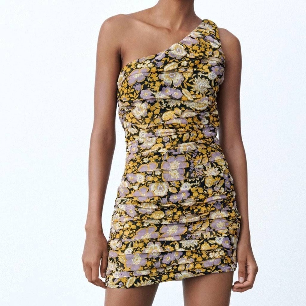 Zara One Shoulder Floral Ruched Mini Dress